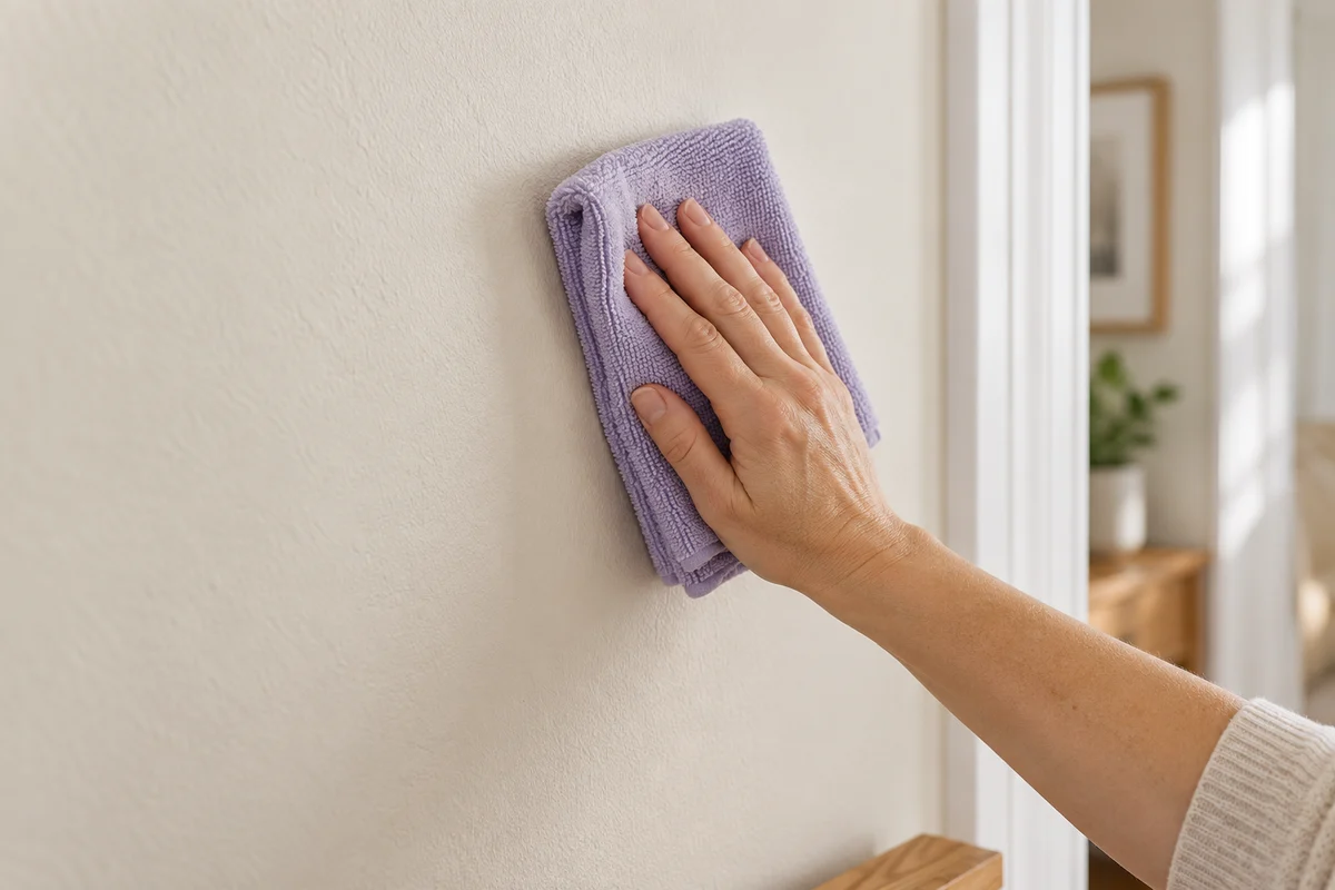 A hand holding a folded soft cloth gently against an ivory painted wall