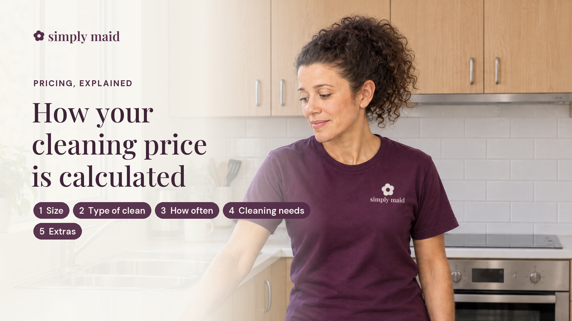 Watch how Simply Maid works out a cleaning price, from the five things that set it to a two-bedroom, one-bathroom example in the booking calculator.